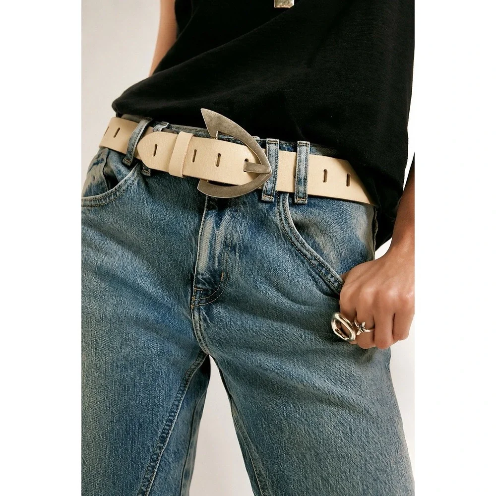 NWT Free People We The Free Noa Leather Belt Cream Neutral L Boho Western